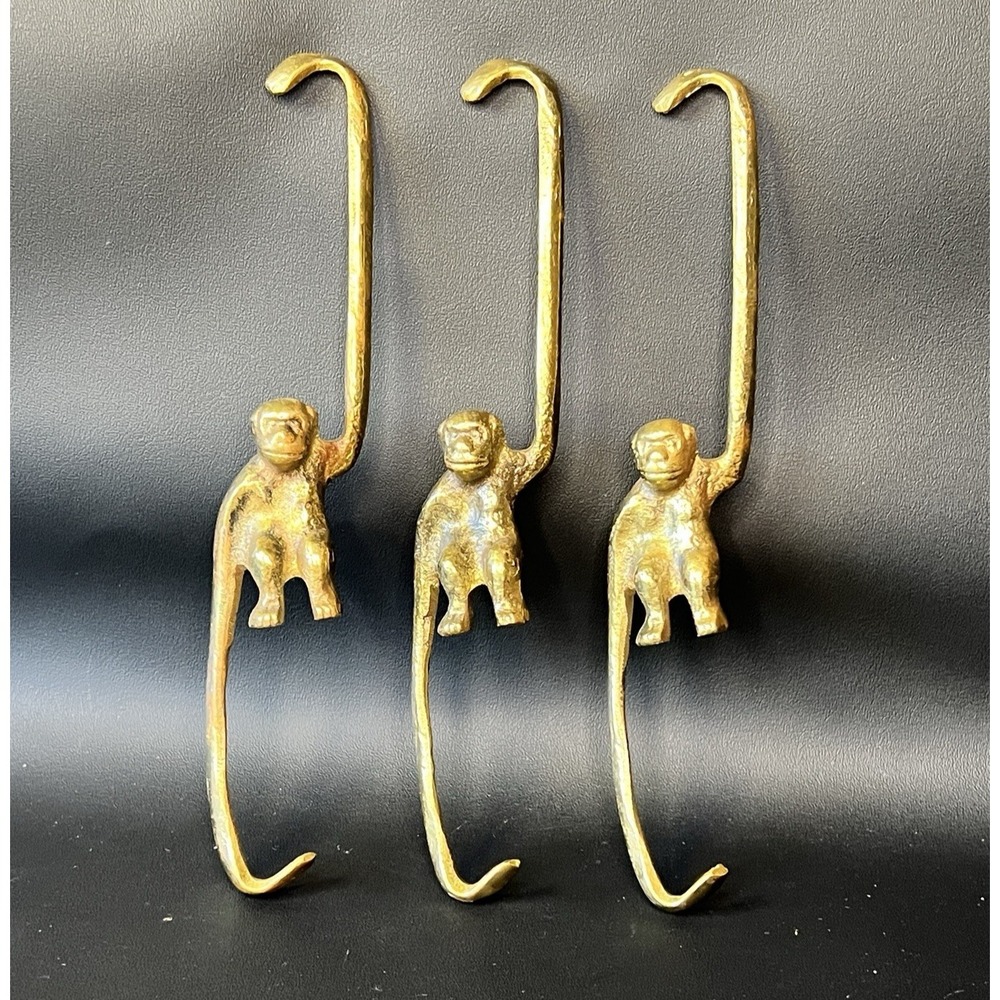 Vintage Brass Monkey Hanging Hook Hanger - Set of 3 - 8" Long